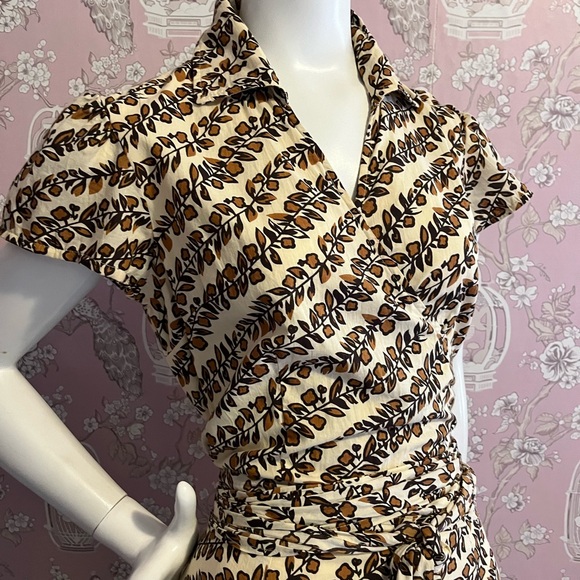 Wrap top dress with A line full skirt in vanilla and brown vine print - Picture 8 of 10